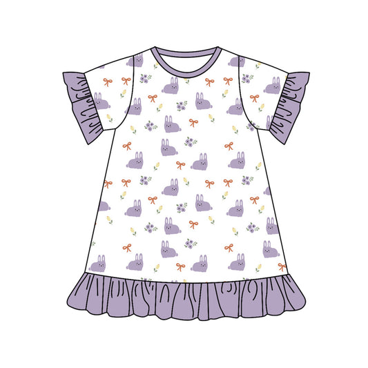 (Custom Design Preorder MOQ 5) Purple Bunny Flowers Bows Print Girls Easter Knee Length Dress