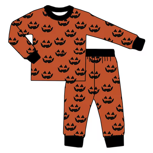 (Custom Design Preorder MOQ 5) Pumpkin Face Print Kids Halloween Pajamas Clothes Set