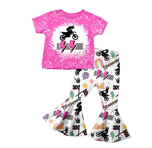 (Custom Design Preorder MOQ 5) Motorbike Print Girls Bell Pants Clothes Set