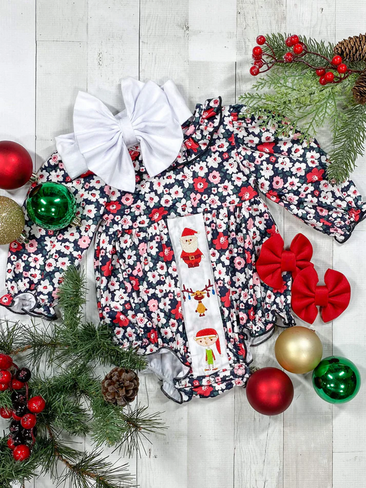 (Custom Design Preorder MOQ 5) Santa Flowers Print Baby Girls Christmas Romper