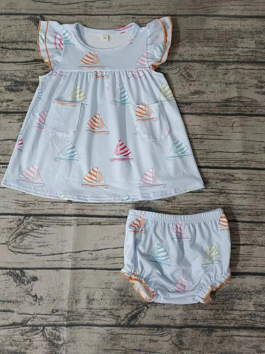 (Custom Design Preorder MOQ 5)  Sailboat Print Baby Girls Summer Bummie Sets