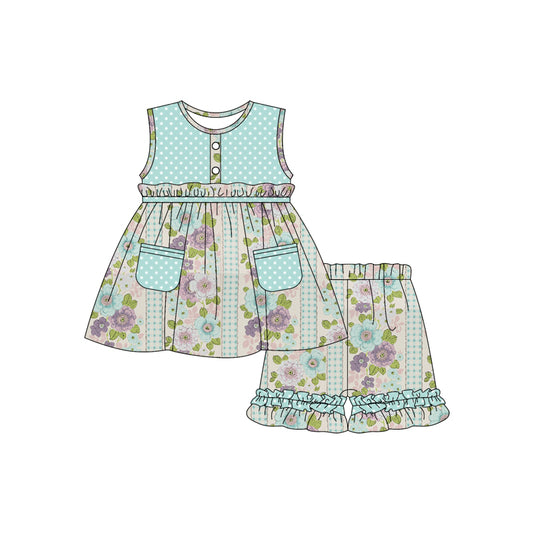 2.27(Custom Design Preorder MOQ 5) Flowers Blue Plaid Dots Tunic Top Ruffle Shorts Girls Summer Clothes Set