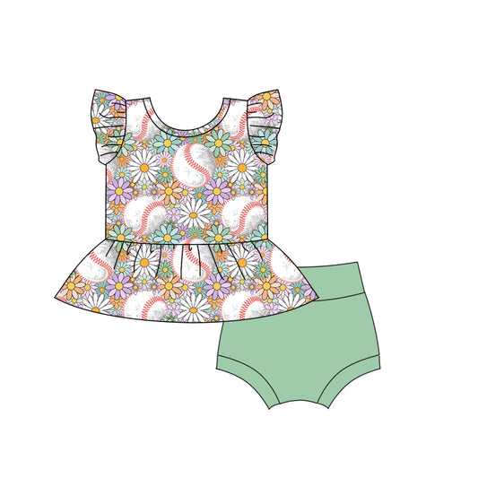 (Custom Design MOQ 5)  Baseball Flowers Print Baby Girls Summer Bummie Sets