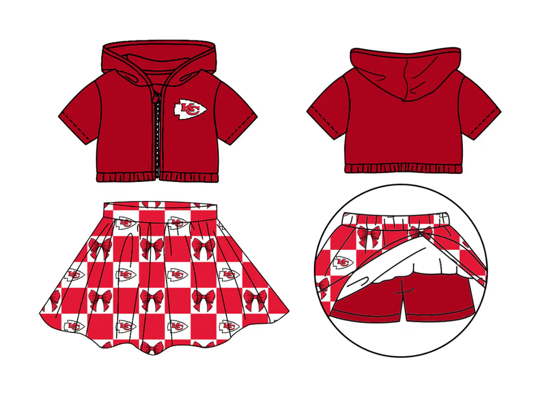 (Custom Design Preorder MOQ 5 Each Color) Team's Chiefs Bows Plaid Print Girls Summer Clothes Sisters Matching Wear