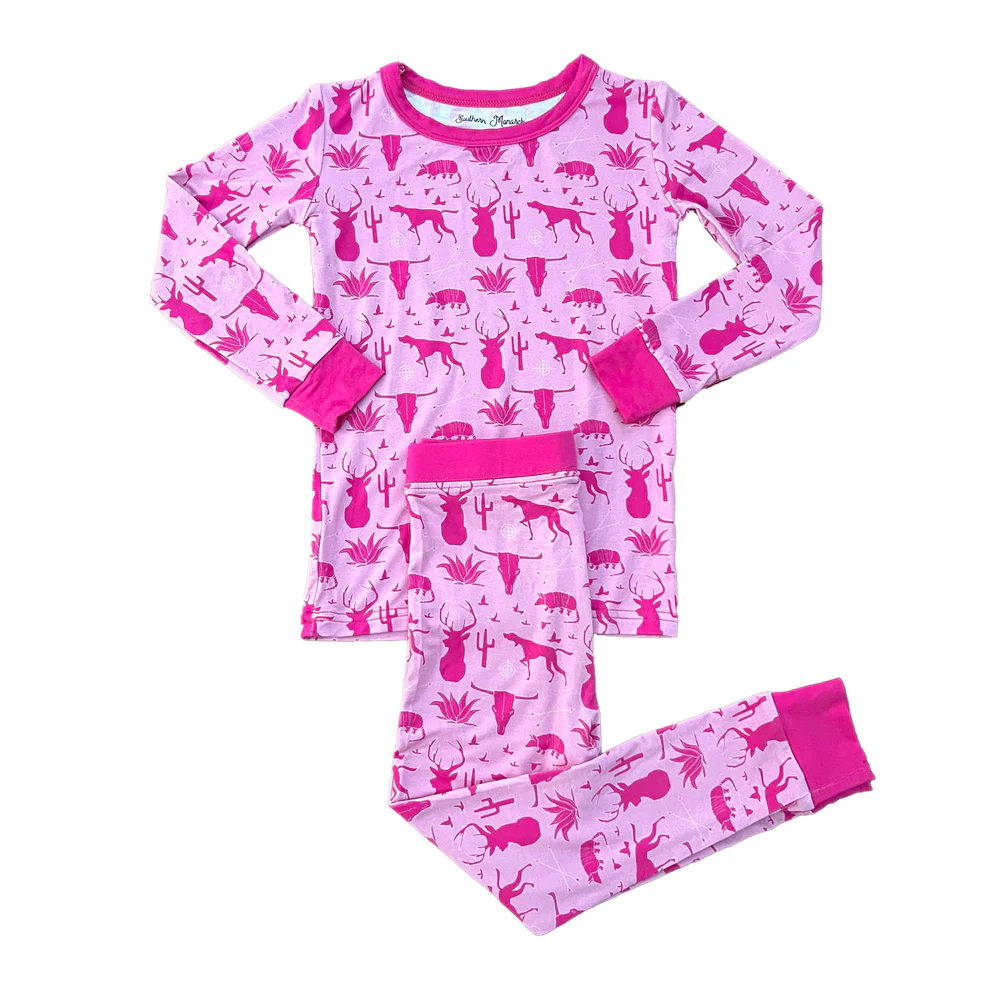 (Custom Design Preorder MOQ 5) Dog Deer Pink Print Girls Hunting Bamboo Pajamas Clothes Set