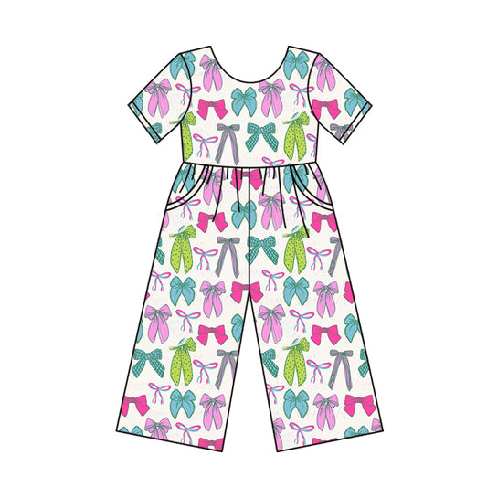 (Custom Design Preorder MOQ 5) Colorful Bows Print Pockets Girls Summer Jumpsuits