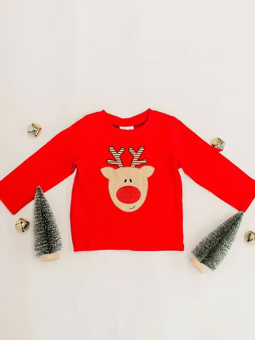 (Custom Design Preorder MOQ 5 ) Deer Red Print Kids Christmas Long Sleeve Tee Shirts Top
