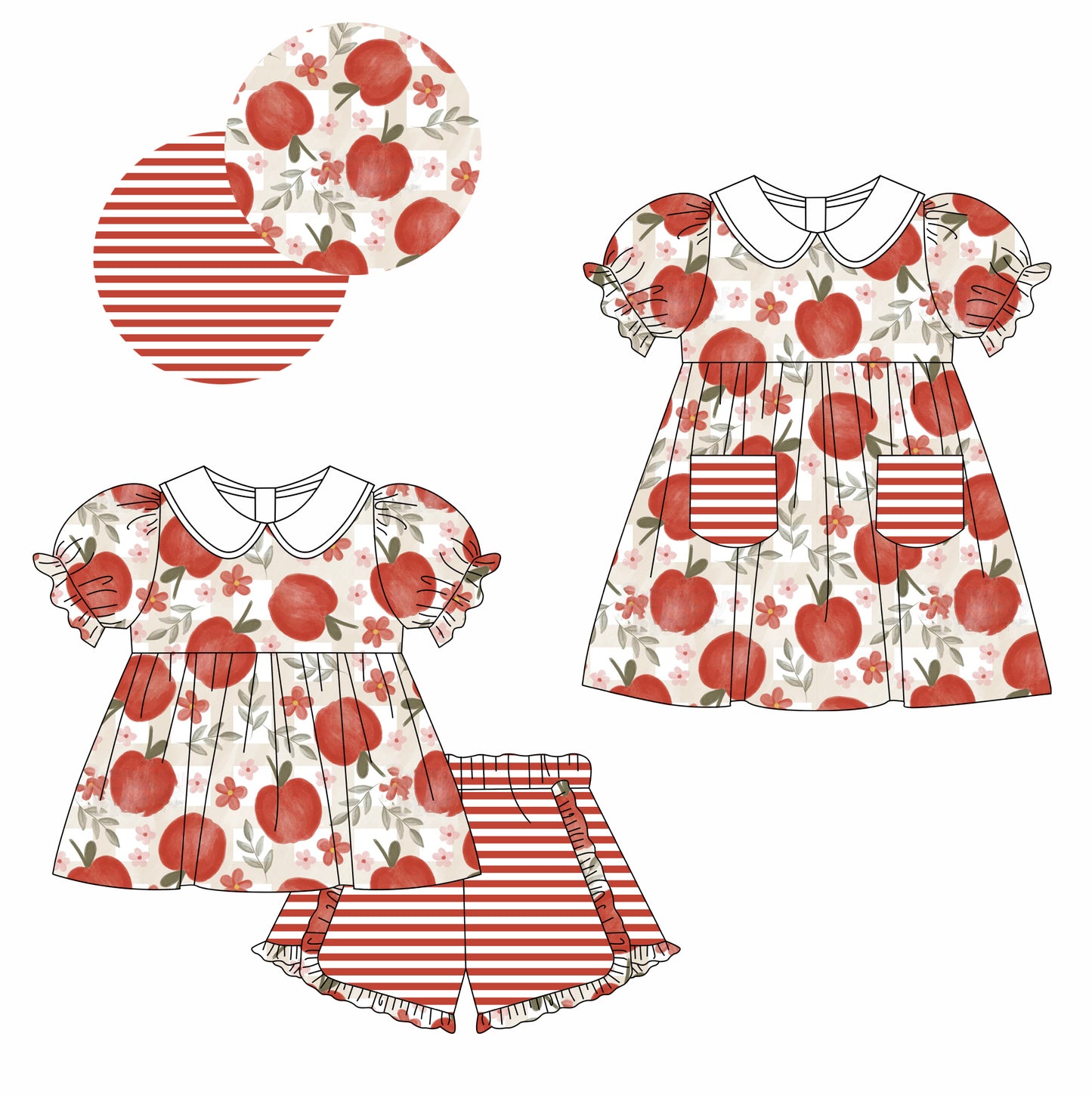 11.22(Custom Design Preorder MOQ 5 Each Design) Apple Flowers Print Girls Back to School Matching Clothes Sisters Wear
