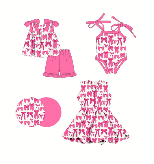 2.24(Custom Design Preorder MOQ 5 Each Design) Hot Pink Bows Print Girls Summer Matching Clothes Sisters Wear