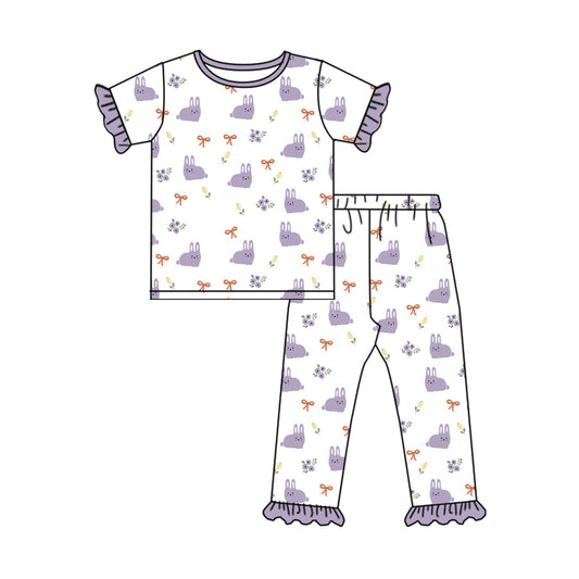 (Custom Design Preorder MOQ 5) Purple Bunny Flowers Bows Print Girls Easter Clothes Set