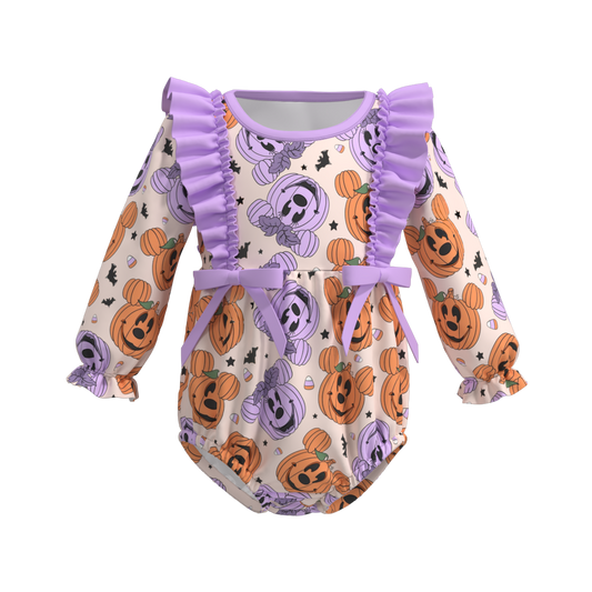 (Custom Design Preorder MOQ 5) Cartoon Mouse Pumpkin Print Baby Girls Halloween Romper
