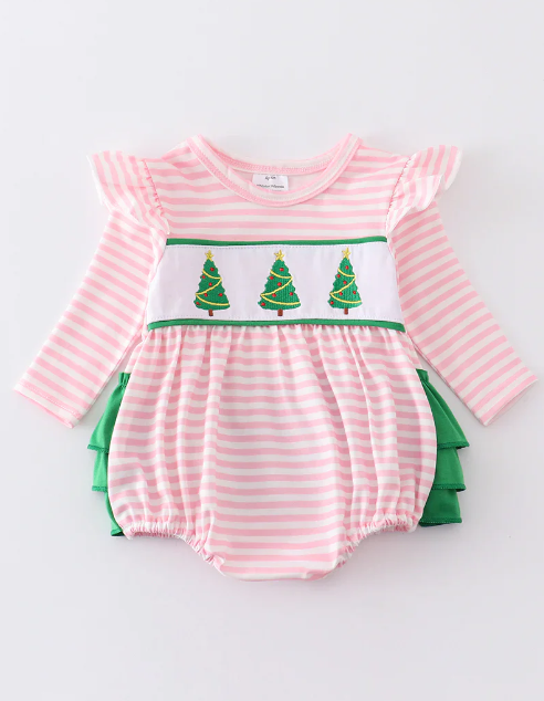 (Custom Design Preorder MOQ 5) Tree Pink Stripes Print Baby Girls Christmas Romper