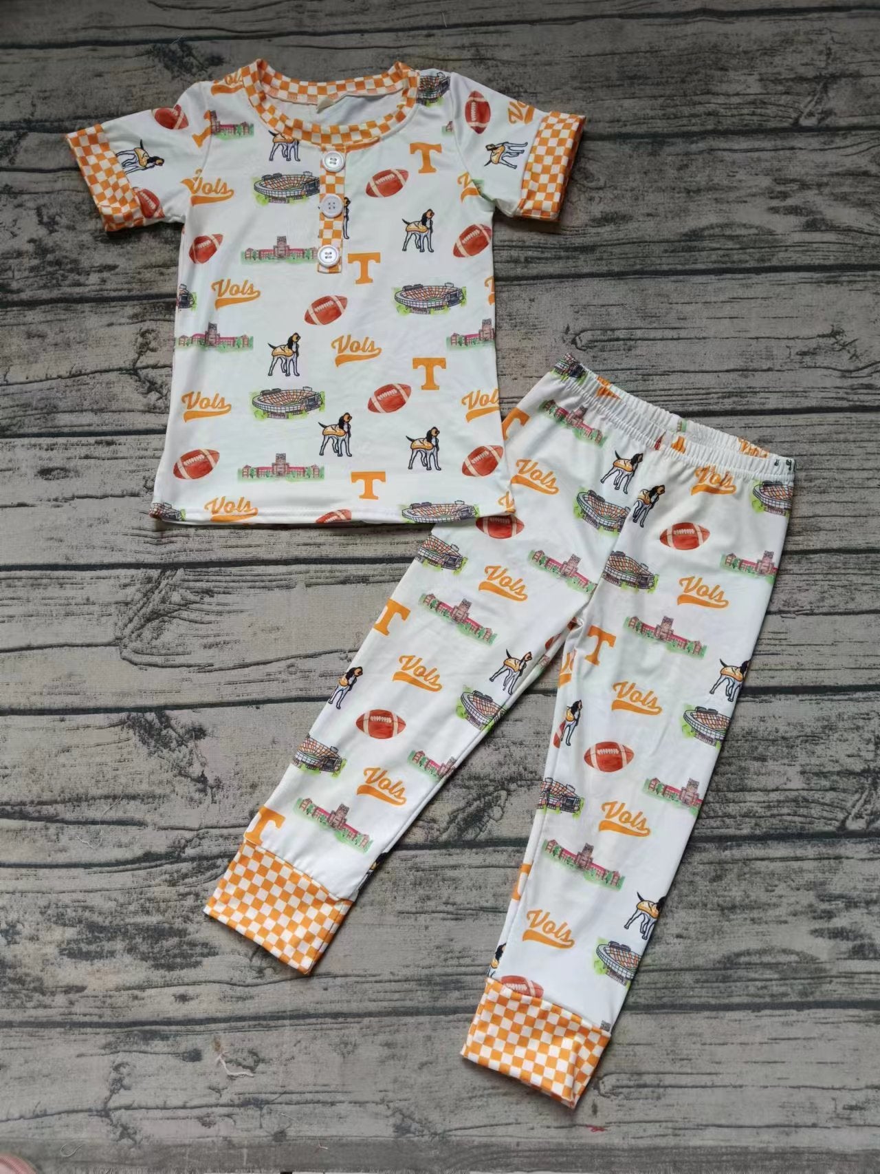 (Custom Design Preorder MOQ 5)  Team's GO VOLS Plaid Print Boys Pajamas Clothes Set