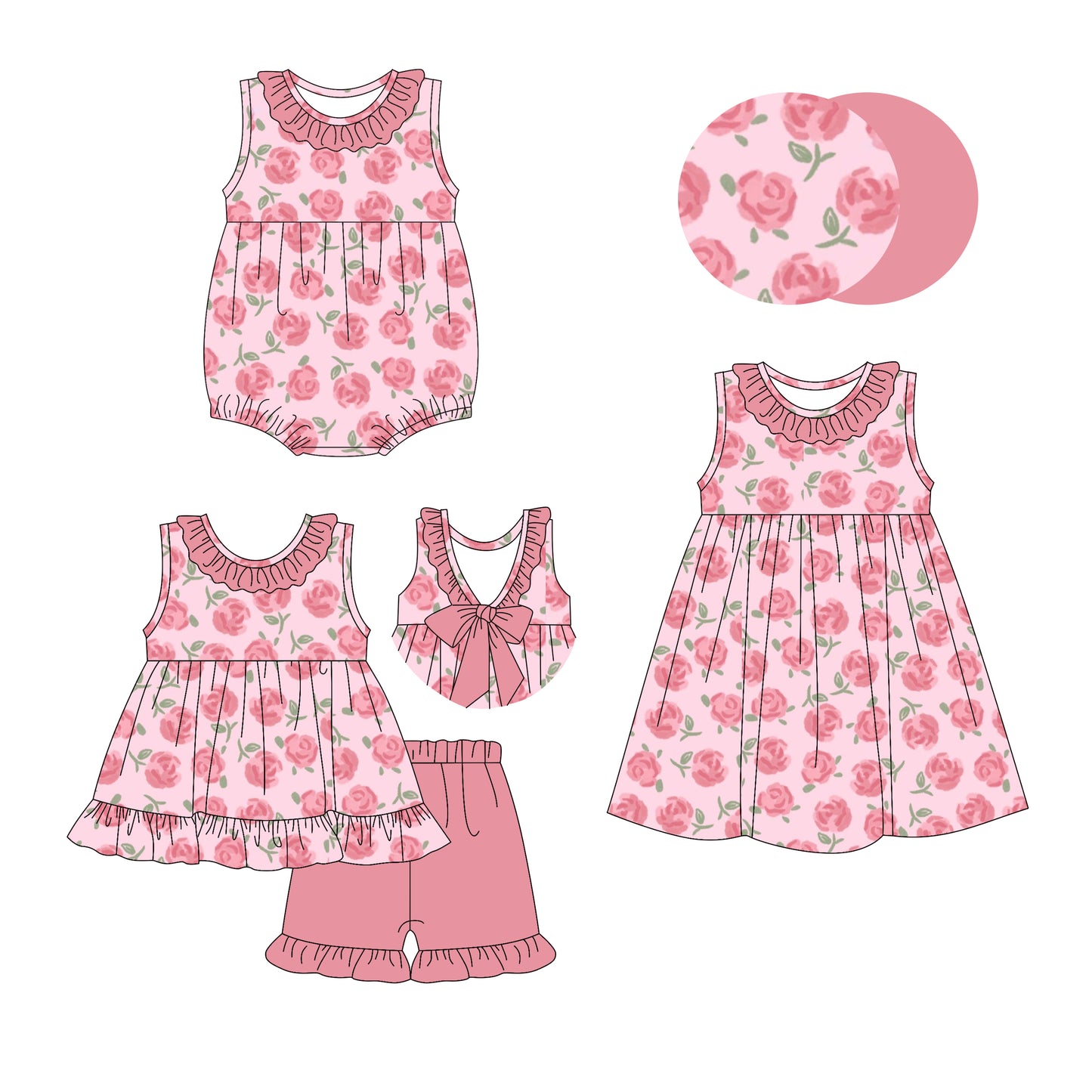3.6(Custom Design Preorder MOQ 5 Each Design) Pink Flowers Print Girls Summer Matching Clothes Sisters Wear
