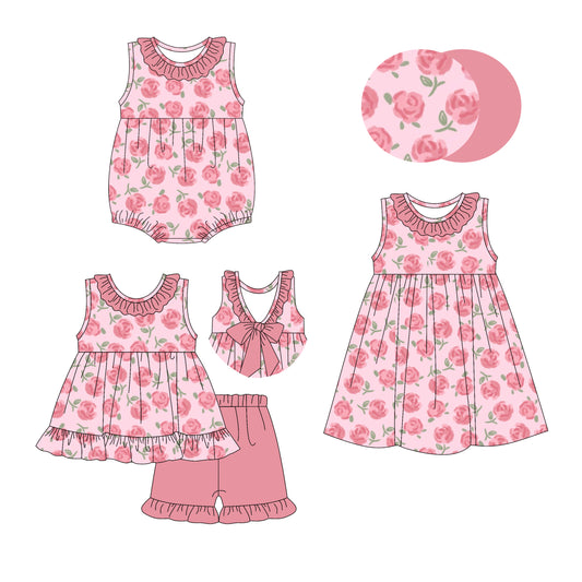 3.6(Custom Design Preorder MOQ 5 Each Design) Pink Flowers Print Girls Summer Matching Clothes Sisters Wear