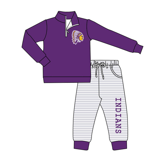 (Custom Design Preorder MOQ 5) Team's INDIANS Pullover Top Purple Pockets Pants Boys Fall Clothes Set