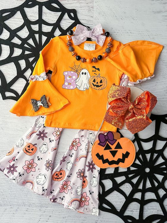 (Custom Design Preorder MOQ 5) Pumpkin Ghost BOO Top Bell Pants Girls Halloween Clothes Set