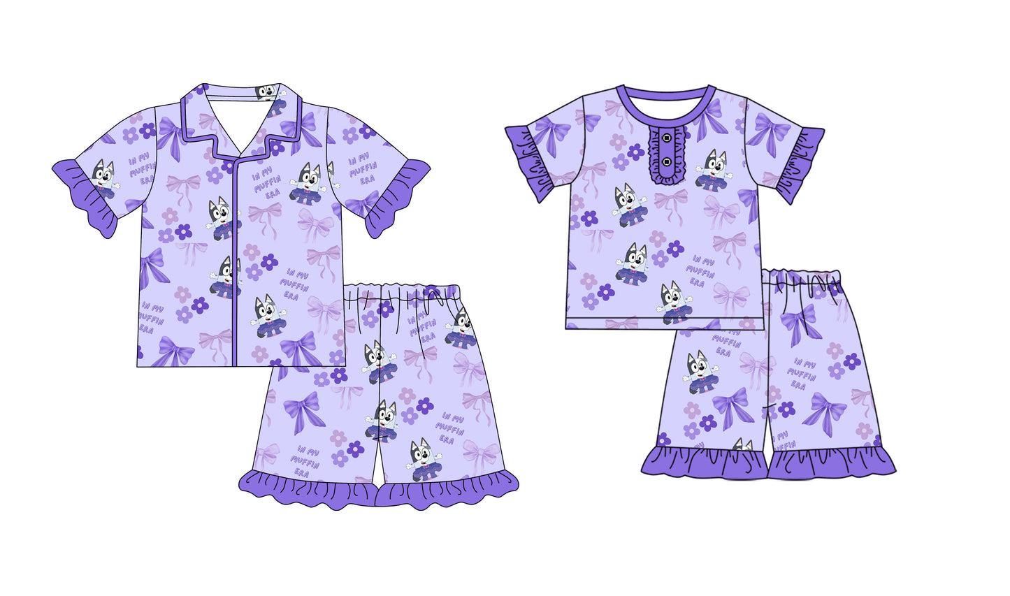 1.8(Custom Design Preorder MOQ 5 Each Design) Cartoon Dog Purple Print Girls Summer Pajamas Matching Clothes Sisters Wear