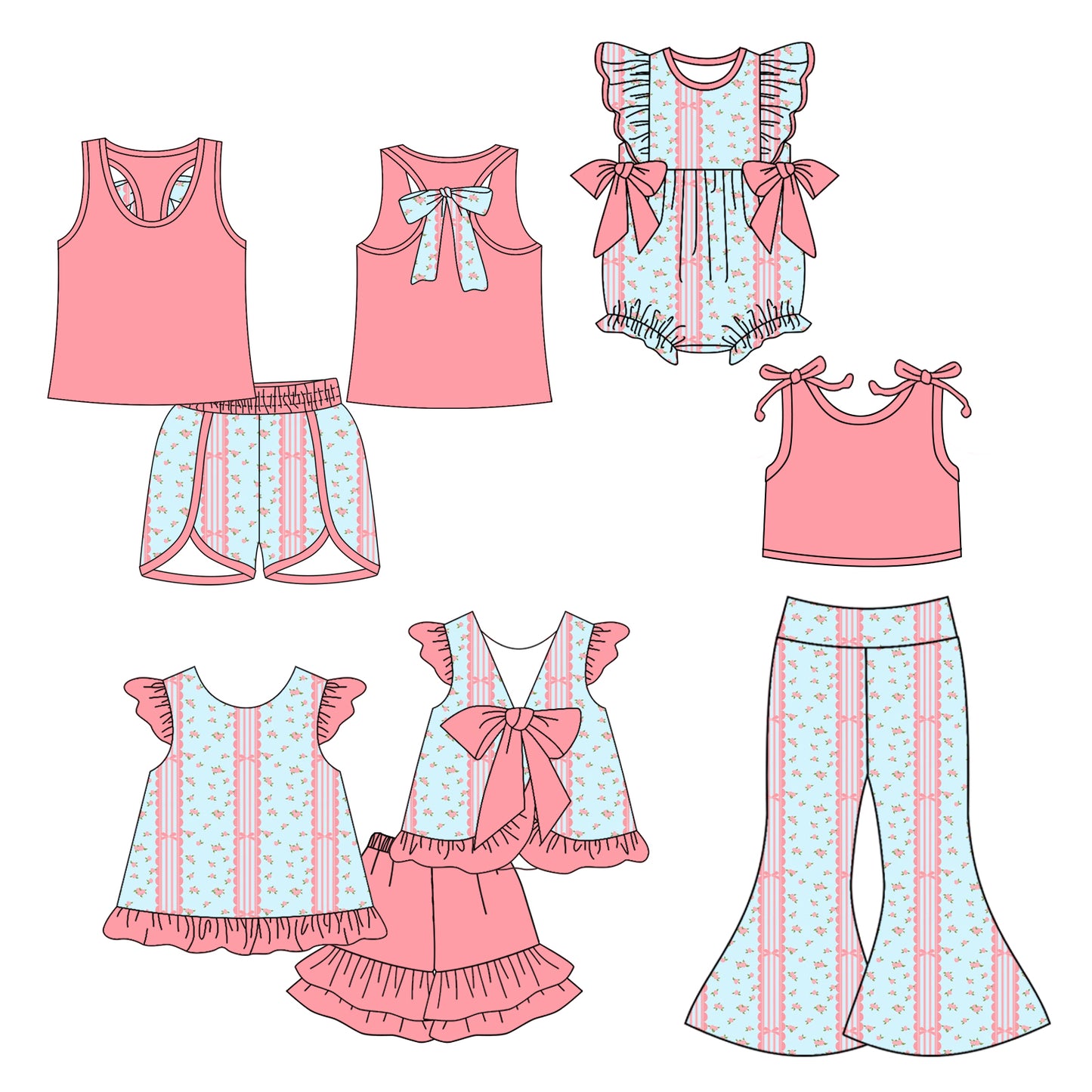 5.6(Custom Design Preorder MOQ 5 Each Design) Pink Small Flowers Print Girls Summer Matching Clothes Sisters Wear