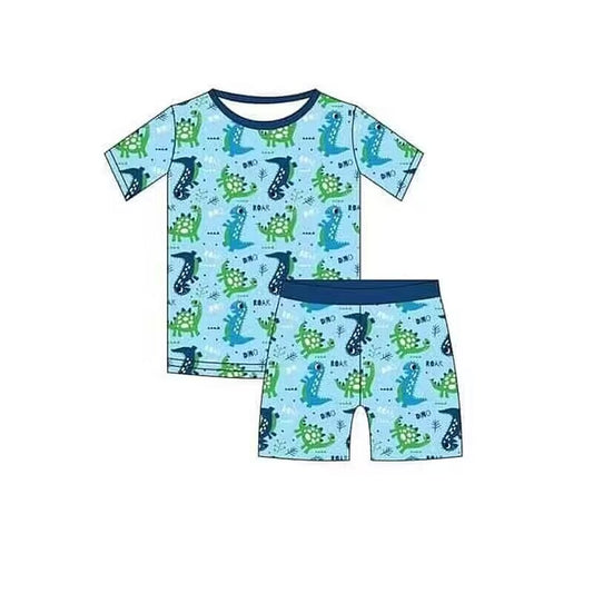 (Custom Design Preorder MOQ 5)  Green Dino Print Boys Pajamas Summer Clothes Set