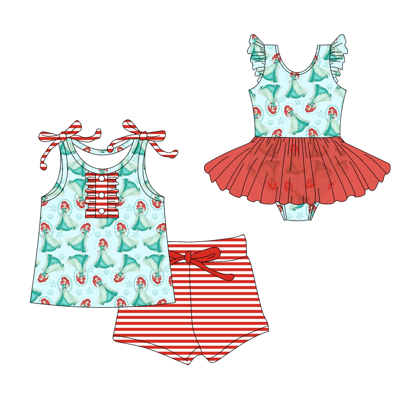 3.10(Custom Design Preorder MOQ 5 Each Design) Cartoon Princess Mermaid Print Girls Summer Matching Clothes Sisters Wear