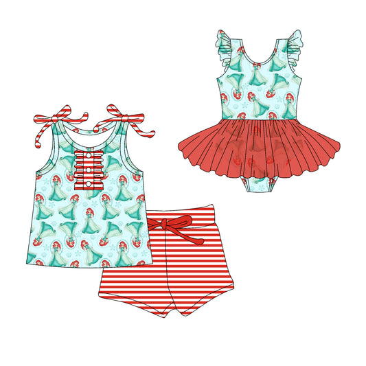 3.10(Custom Design Preorder MOQ 5 Each Design) Cartoon Princess Mermaid Print Girls Summer Matching Clothes Sisters Wear