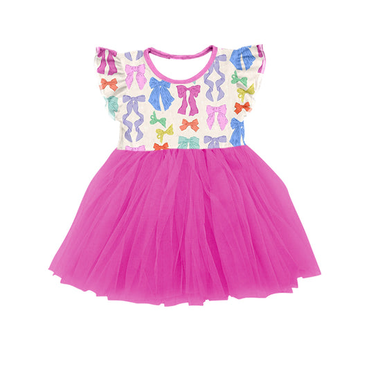 2.7(Custom Design Preorder MOQ 5) Colorful Bows Print Girls Summer Knee Length Tulle Dress