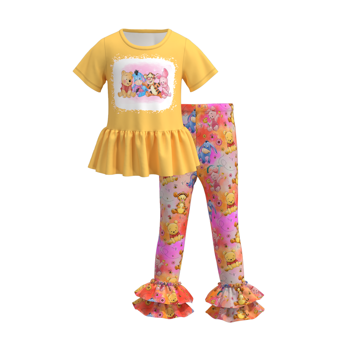 (Custom Design Preorder MOQ 5) Cartoon Bear Yellow Top Tie-dye Pants Girls Clothes Set