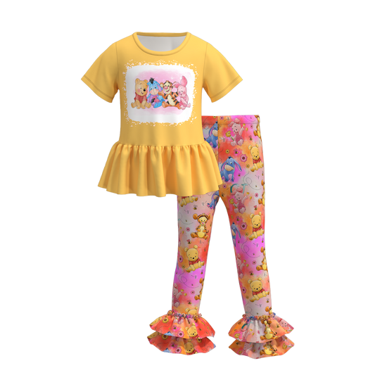 (Custom Design Preorder MOQ 5) Cartoon Bear Yellow Top Tie-dye Pants Girls Clothes Set