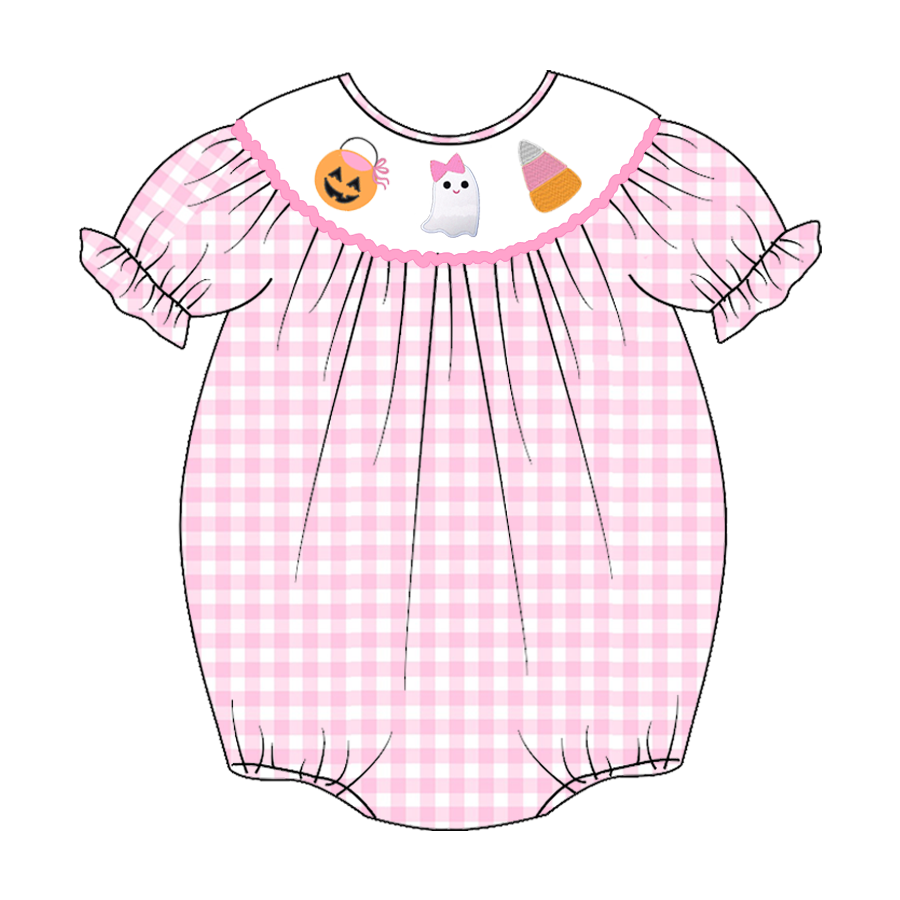 (Custom Design Preorder MOQ 5) Pumpkin Ghost Candy Pink Plaid Print Baby Girls Halloween Romper