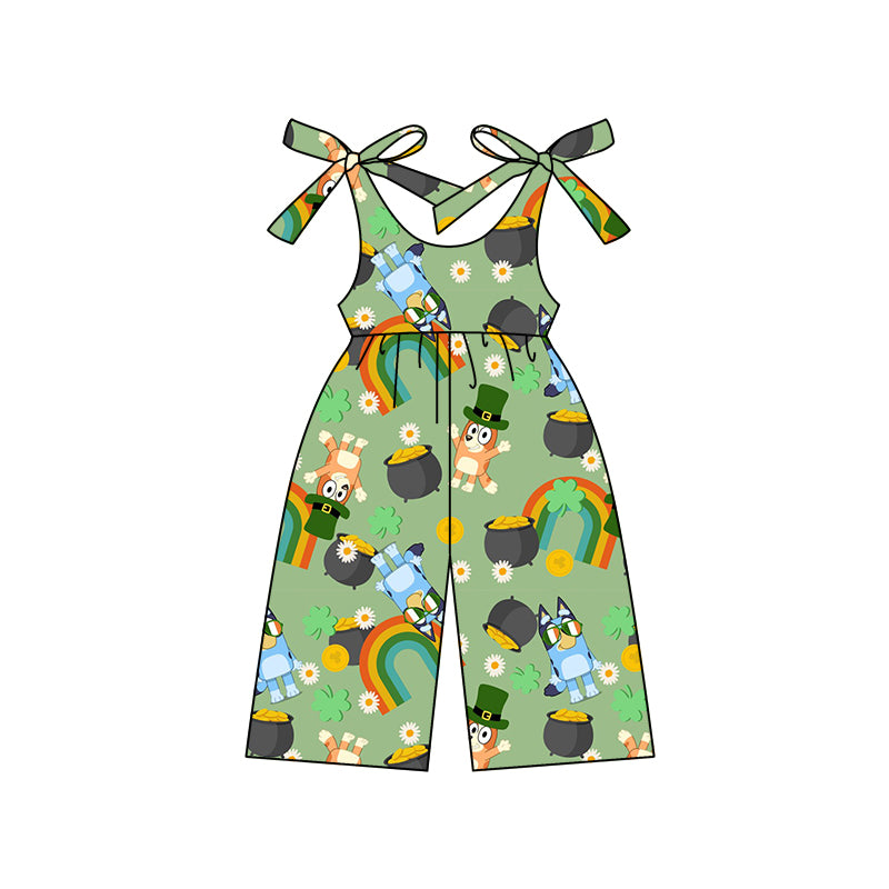 (Custom Design MOQ 5) Green Cartoon Dog Rainbow Print Girls St. Patrick's Jumpsuits