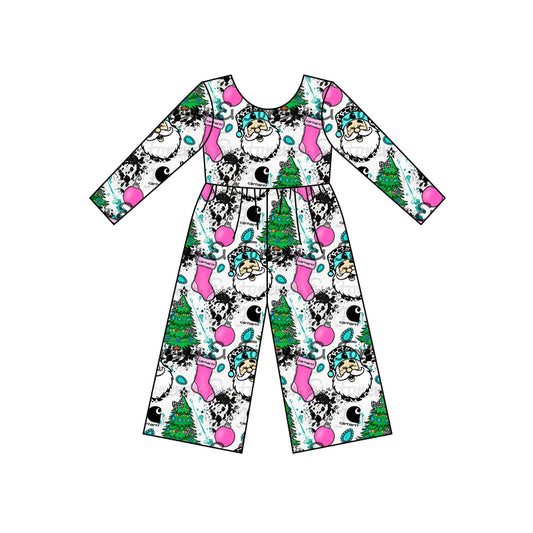 (Custom Design MOQ 5) Santa Turquoise Print Girls Christmas Jumpsuits