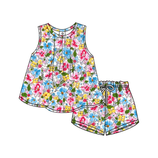 12.9(Custom Design Preorder MOQ 5) Colorful Flowers Sleeveless Top Shorts Girls Summer Clothes Set