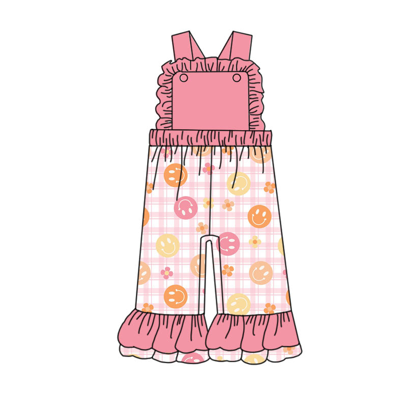 (Custom Design Preorder MOQ 5) Smiling Face Pink Plaid Print Girls Summer Jumpsuits