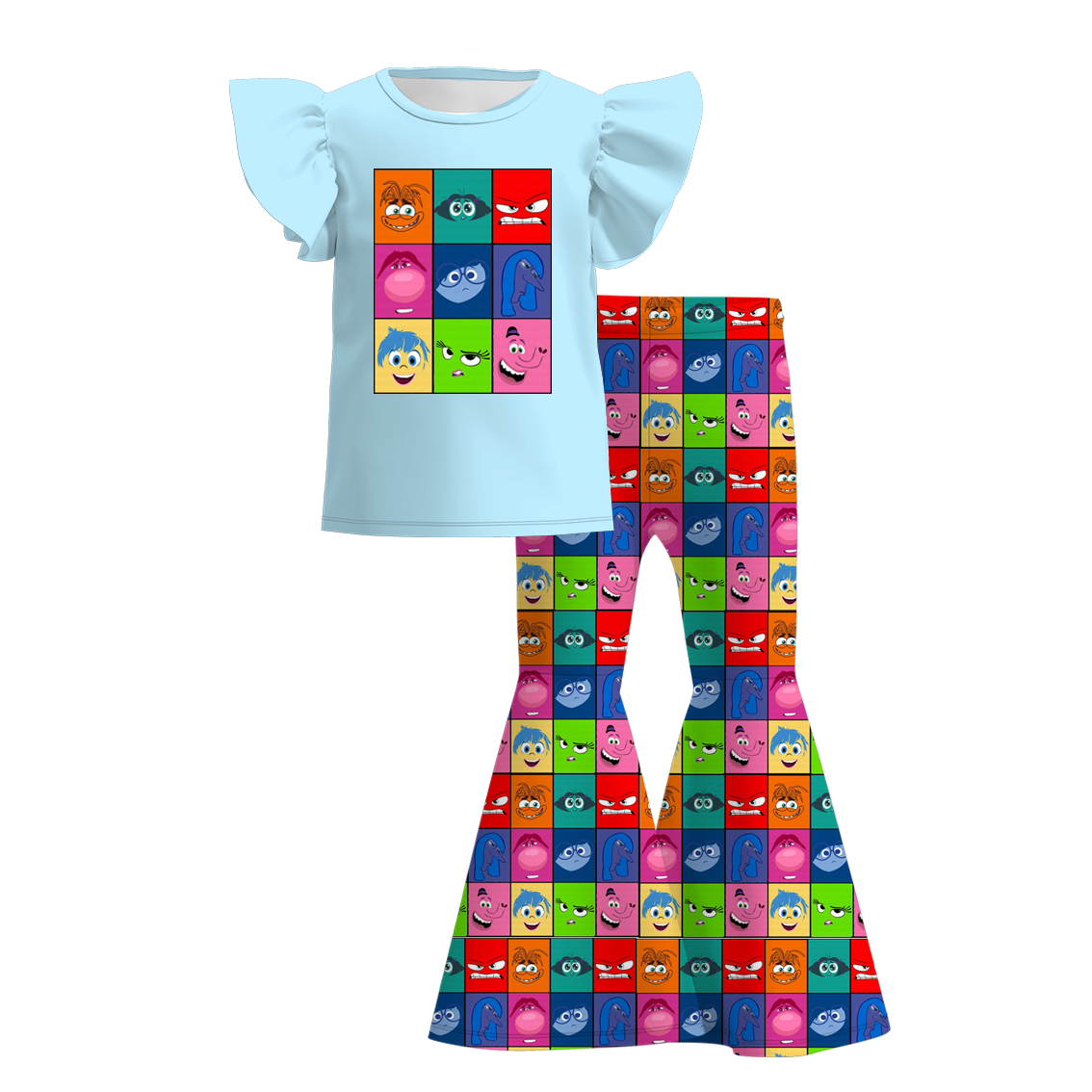 (Custom Design Preorder MOQ 5)  Cartoon Figure Inside Out Plaid Print Bell Pants Girls Clothes Set