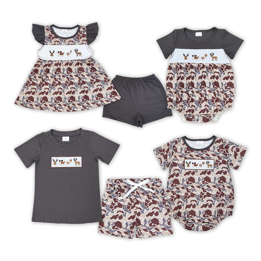 Deer Dog Embroidery Camo Print Sibling Summer Matching Clothes
