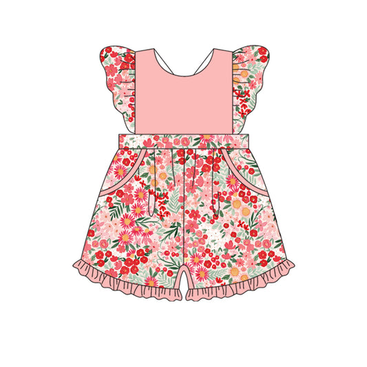 12.10(Custom Design Preorder MOQ 5)  Pink Flaowers Print Girls Summer Pockets Jumpsuits