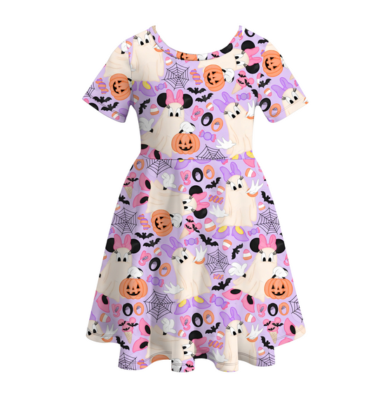 (Custom Design Preorder MOQ 5) BOO Cartoon Mouse Pumpkin Print Girls Knee Length Halloween Dress