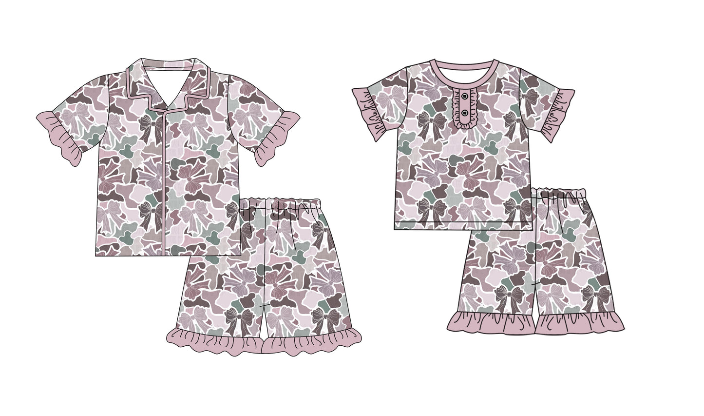 1.8(Custom Design Preorder MOQ 5 Each Design) Bows Camo Pink Print Girls Summer Pajamas Matching Clothes Sisters Wear