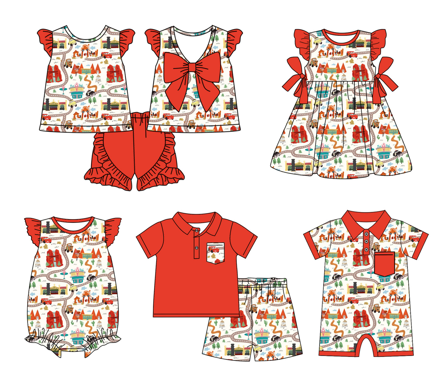11.18(Custom Design Preorder MOQ 5 Each Design) Cartoon Cars Print Kids Summer Matching Clothes Sibling Wear