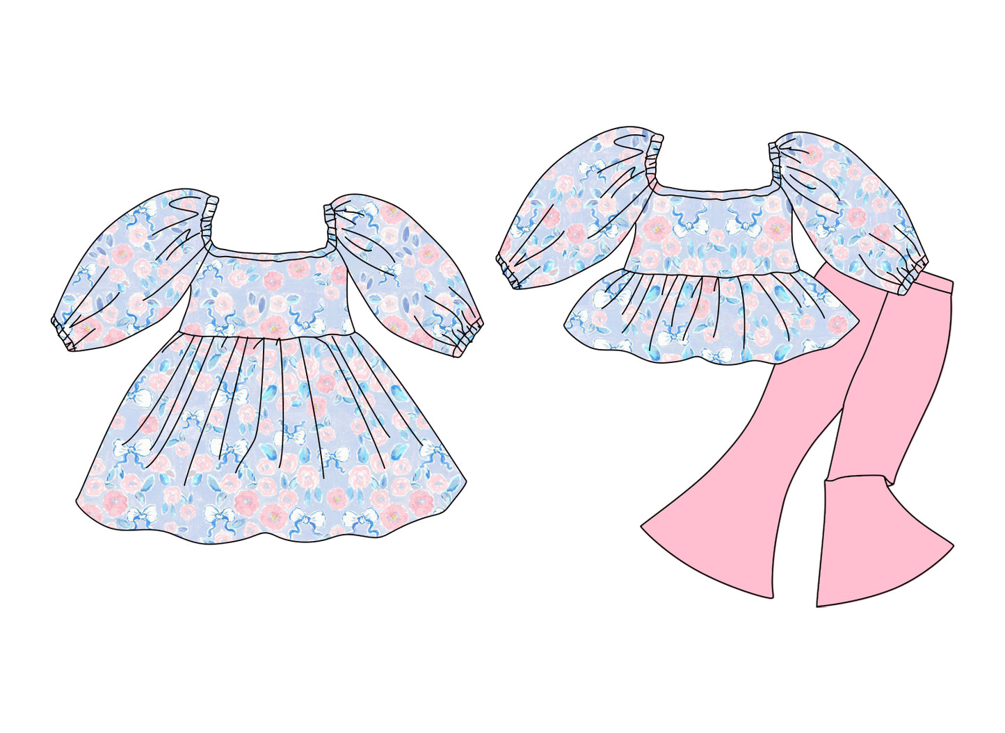 12.10 (Custom Design Preorder MOQ 5 Each Design) Pink Flowers Bows Print Girls Matching Clothes Sisters Wear