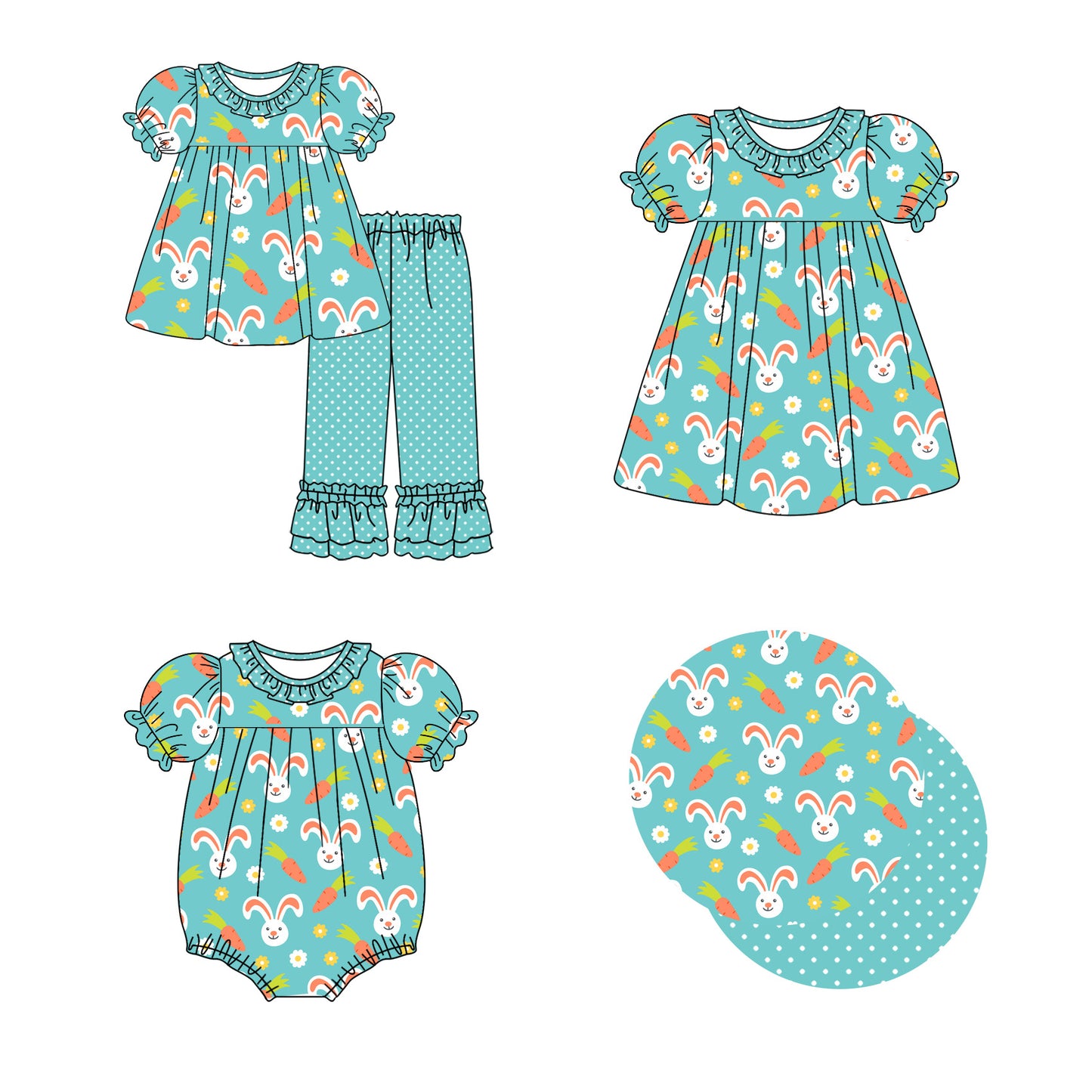 12.22 (Custom Design Preorder MOQ 5 Each Design) Bunny Carrot Flowers Print Girls Easter Matching Clothes Sisters Wear