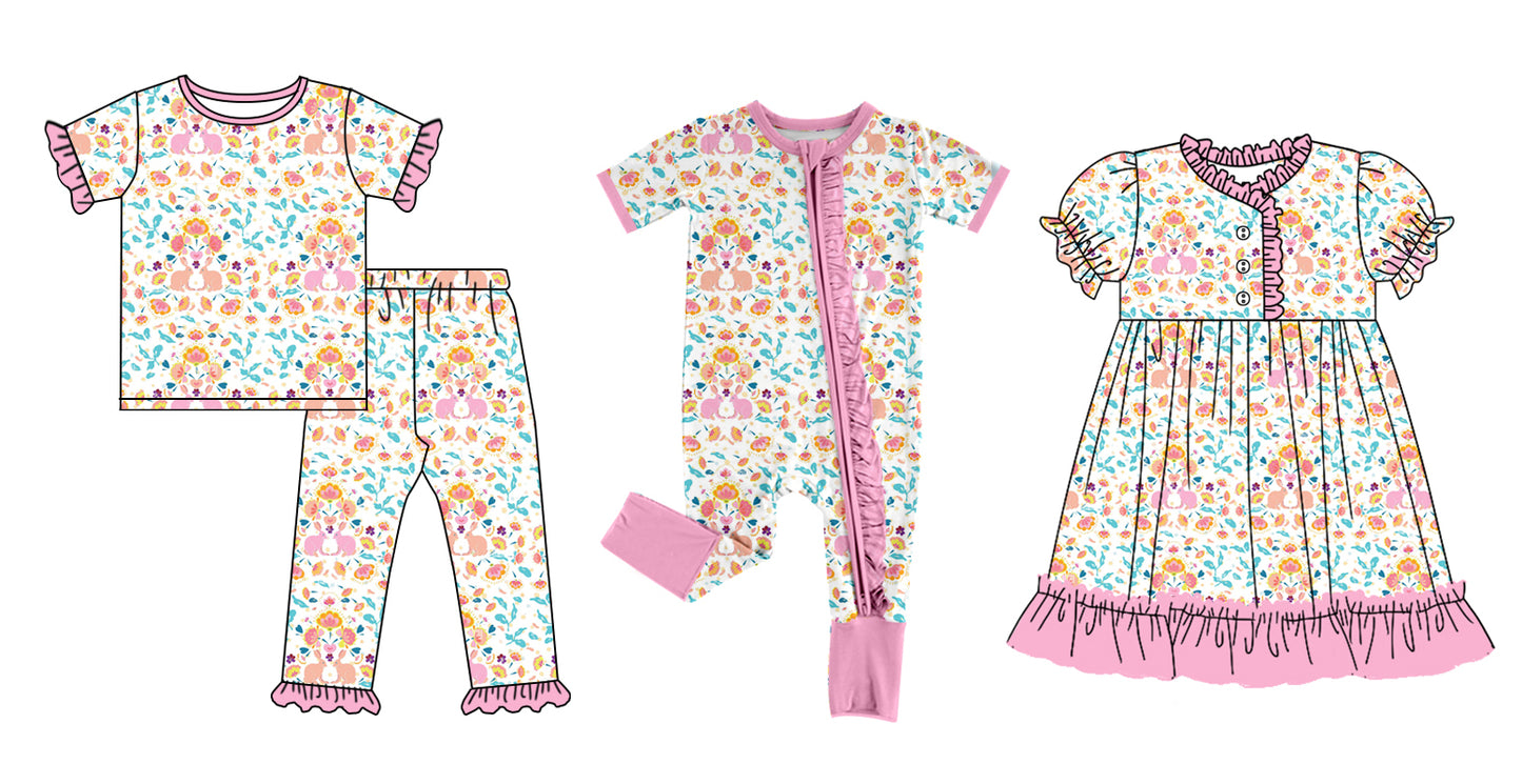 12.14(Custom Design Preorder MOQ 5 Each Design) Bunny Flowers Pink Print Girls Easter Matching Clothes Sisters Wear