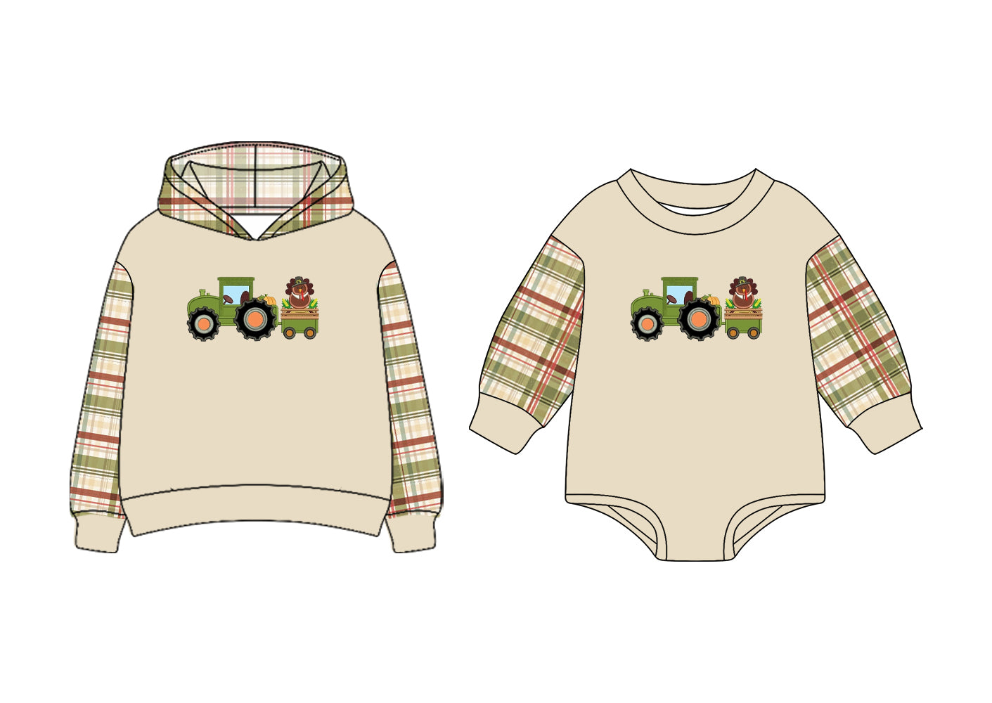 7.1(Custom Design Preorder MOQ 5 Each Design) Tractors Turkey Plaid Print Boys Thanksgiving Matching Clothes Brothers Wear