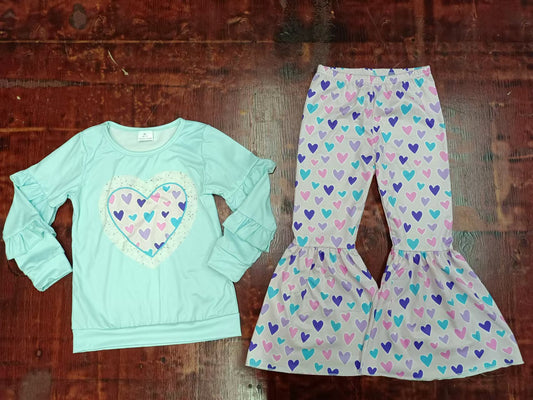 (Custom Design Preorder MOQ 3 ) Heart Blue Print Bell Pants Girls Valentine's Day Clothes Set