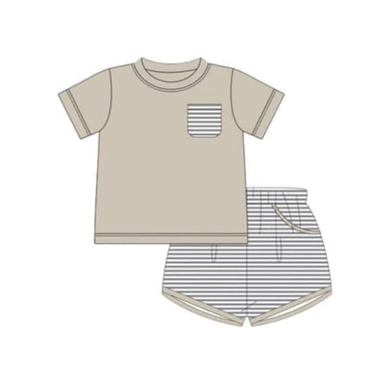 (Custom Design Preorder MOQ 5)  Khaki Pocket Top Stripes Shorts Boys Summer Clothes Set