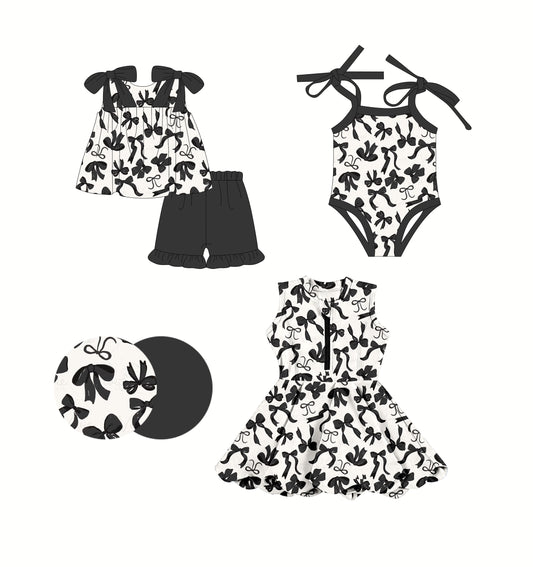 2.24(Custom Design Preorder MOQ 5 Each Design) Black Bows Print Girls Summer Matching Clothes Sisters Wear