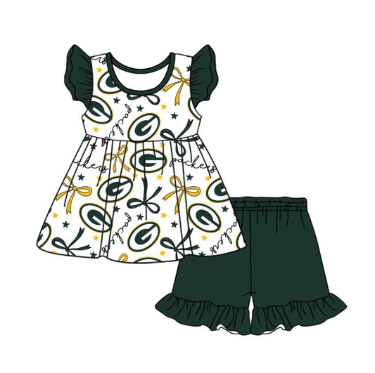 (Custom Design Preorder MOQ 5) Team's Packers Bows Top Green Shorts Girls Summer Clothes Set