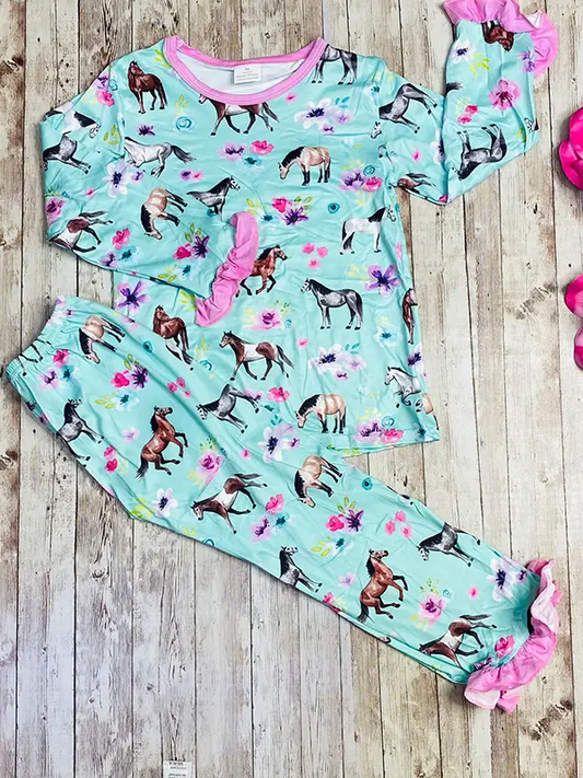 (Custom Design Preorder MOQ 5) Flowers Horse Print Pants Girls Fall Pajamas Clothes Set
