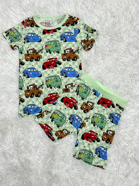 (Custom Design Preorder MOQ 5) Cartoon Cars Plaid Print Kids Summer Pajamas Clothes Set
